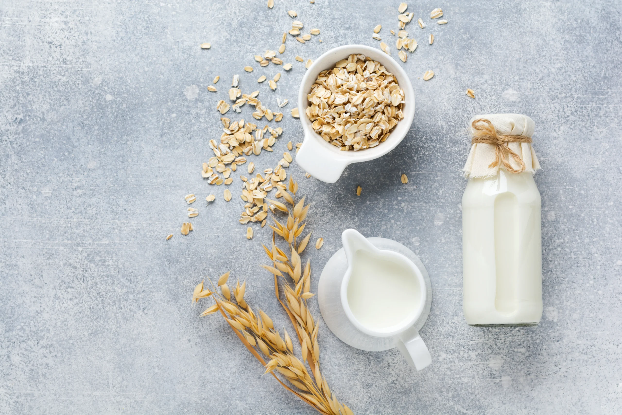 Overhead view of a bowl of oatmeal with oat grains, a cup of milk, and oat stalks on a gray surface